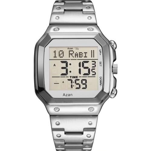2021 New Arabic Watch Stainless Steel Digital Watches Islamic Qibla Direction Al Azan Wrist Watch for Muslim Prayers 6001
