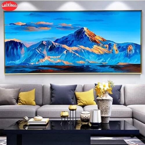5D DIY Diamond Painting Abstract landscape art, blue sky and white clouds, mountains cross stitch full square/round diamond