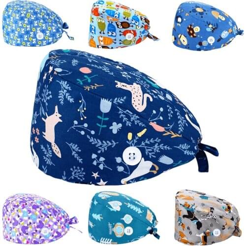 Surgicals cap anime printing beauty salon lab pet shop nursing scrubs hats adjustable work accessories cotton women nurse caps