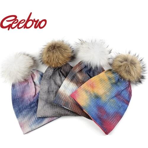 Geebro Women Multicolor Tie dye Hat Raccoon Fox Fur Pompon Slouchy Caps Autumn Winter ladies Ribbed Cotton Beanies baggy Hats