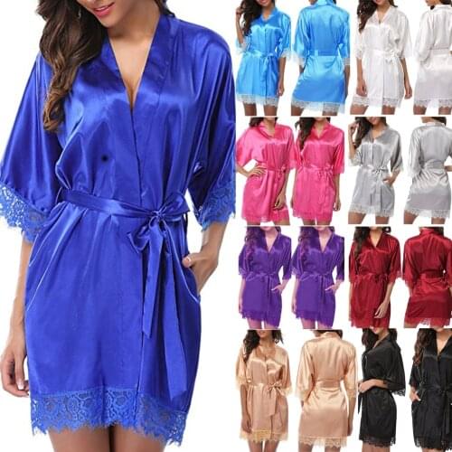 Women Silk Satin Lace Sexy Nightgowns Robe Lady V-neck Solid Bride Bridesmaid Dress Wedding Kimono Bathrobe Sleepwear Female