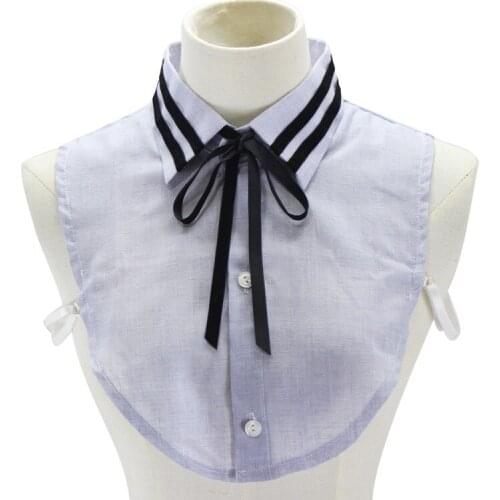 Black bow cotton and linen shirt collar sweater decorative Thicker Cotton Blue Stripe elegant sweater false collar necklace