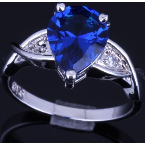 Exquisite Pear Blue Cubic Zirconia White CZ Silver Plated Ring V0109