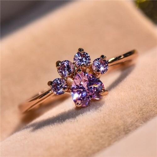 Cute Female Bear Paw Cat Claw Adjustable Ring Rose Gold Open Wedding Rings For Women Romantic Pink Crystal Love Engagement Ring