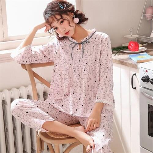 Summer pajamas suit ladies loose trousers round neck cute cotton thin section suit female casual home service seksi gecelik 2020