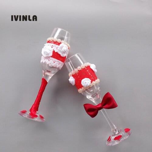 Newest 2pcs/lot Wedding Toasting Glasses with red Satin Ribbon Bow Lace Wine Cup For wedding decoration