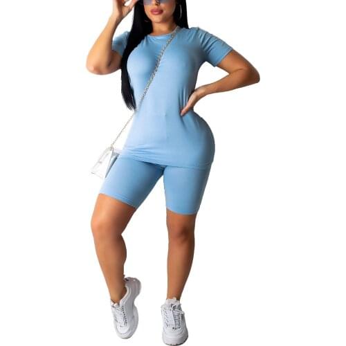 Hirigin New Womens Casual Two Pieces Sets Solid Color Bodycon Tracksuit Round Neck Short Sleeve Skiny Top Short Pants Outfits
