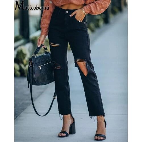 Autumn Womens High Waist Skinny Jeans Denim Pants Holes Destroyed Knee Pencil Pants Casual Trousers Black Stretch Ripped Jeans