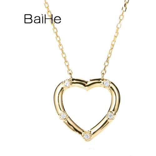 BAIHE Solid 18K White/Yellow/Rose Gold 0.04ct Round H/SI Natural Diamond Women Gift Wedding Fine Jewelry Diamond Heart Necklace