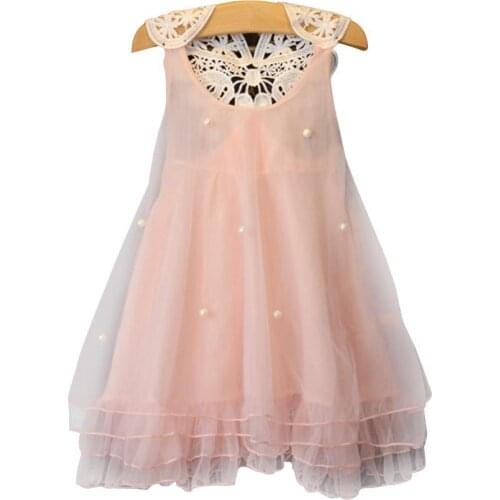 Girls Casual Dresses Cute Baby Girl Imitation Pearl Decor Sleeveless Loose Lace Flower Back Dress Childrens Clothing 2021