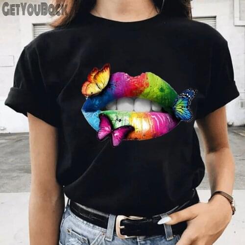 Rainbow Lip and Butterfly Vintage Women T-shirt Girl Anime Harajuku 90S Comic Tops Tee Female Clothes,Drop Ship