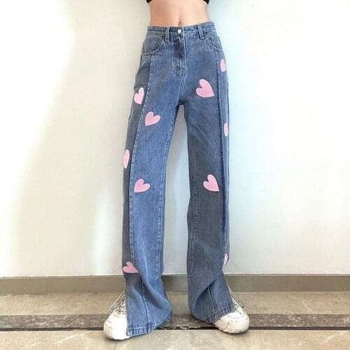 Hot Sales Womens Straight Leg Jeans Trendy Heart Print High Waist Split Hem Loose Denim Pants