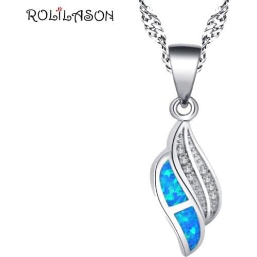 ROLILASON classic leaf shape silver color blue opal necklace pendant fashion new OP856