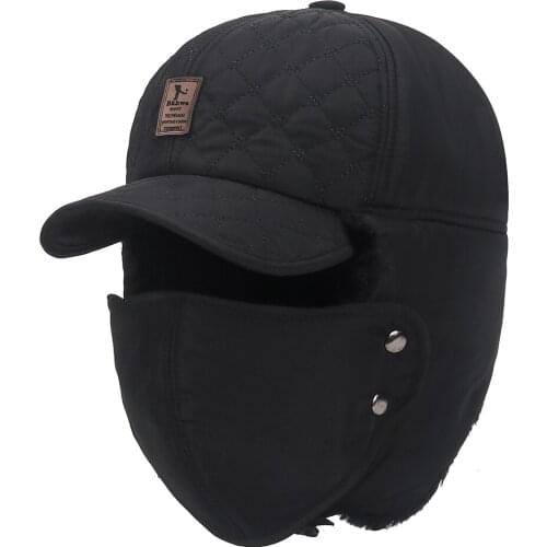 Ear Flaps Brim Hat Men Winter Warm Bomber Hats And Mask Male Black Waterproof Ski Russian Cap Adjustable Women Outside Wear