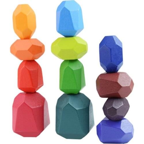 Baby Toy Wooden Jenga Building Block Colored Stone Creative Educational Toys Nordic Style Stacking Game Rainbow Stone Wooden Toy