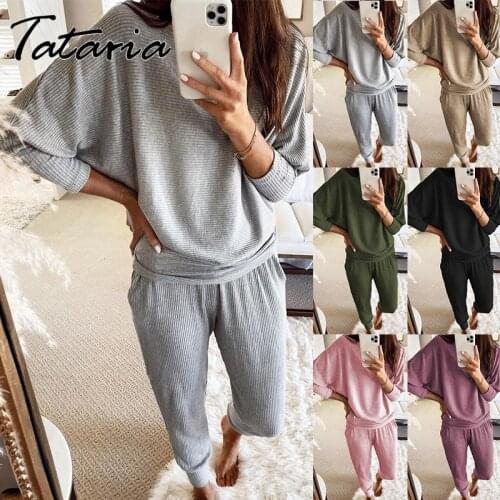Ribbing Knitted Pants Sets Womens Outfits Pants 2021autumn Gray Long Sleeve Soft Elasticity Top Lady Ankle-length Pencil Pants