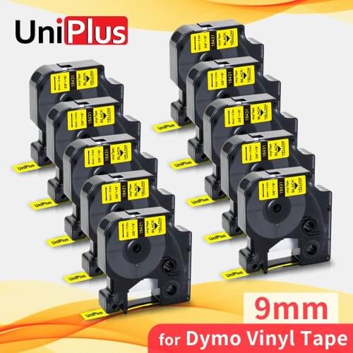 UniPlus 10PK 9mm Black on Yellow Vinyl Label Tape 18431 Compatible Dymo Rhino IND Label Cartridge Industrial Tape for Rhino 5200