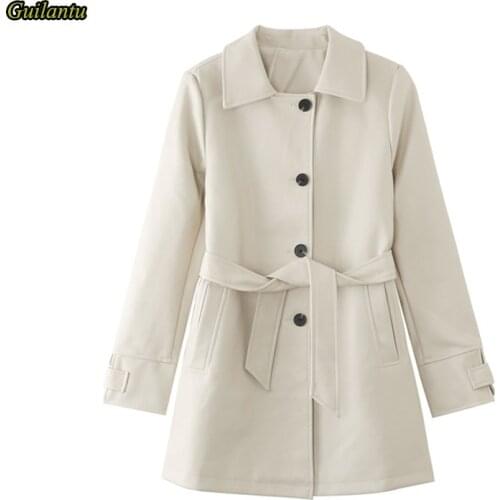 Spring Autumn Ladies Leather Jacket Outerwear Turn-down Collar Pockets Bandage Long Coat Female Faux Pu Punk Jacket Women