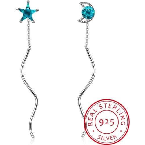 New Fashion Moon Star Blue Sky Crystal Tassel Earrings For Women Asymmetric Earrings 925 Sterling Silver Jewelry S-E577
