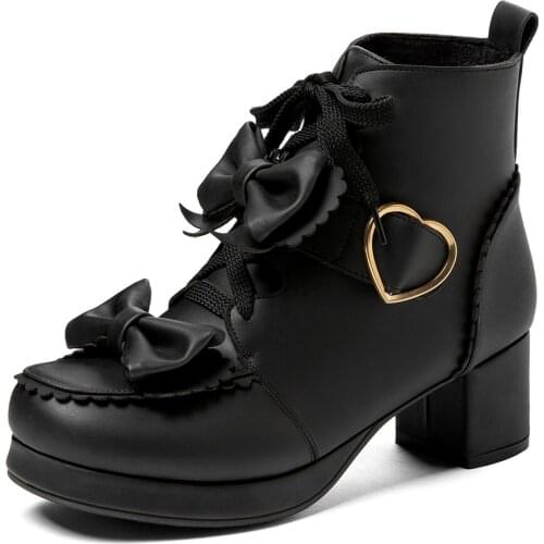 Oversized Double Bow Knot Heart-Shaped Metal Decoration Lolita Womens Shoes Thick Heel Lace-Up Breathable Short Boots