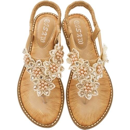 2020 Summer New Luxury Bohemian Style Handmade Flower Round Toe Sandals Women Fashion All-match Beach Sandals Women Flat Shoes