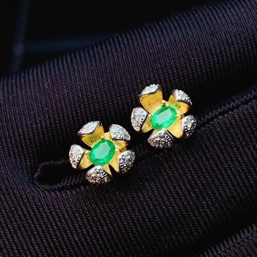 925 Sterling Silver Inlaid Natural Emerald Women Vintage Popular Square Plant Gem Earrings Ear Stud Support Detection