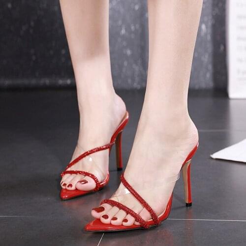 2021 New fashion rhinestone women slippers red black slides pointed toe high heels mules shoes female party shoes size 41