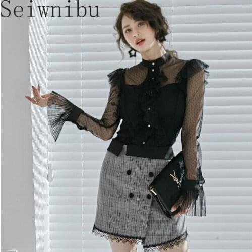 Top Quality Designer Runway 2pcs Skirt Suit Sets 2021 Summer Fashion Mesh Blouse Shirt + Mini Plaid Splicing LaceSkirt Suit Sets