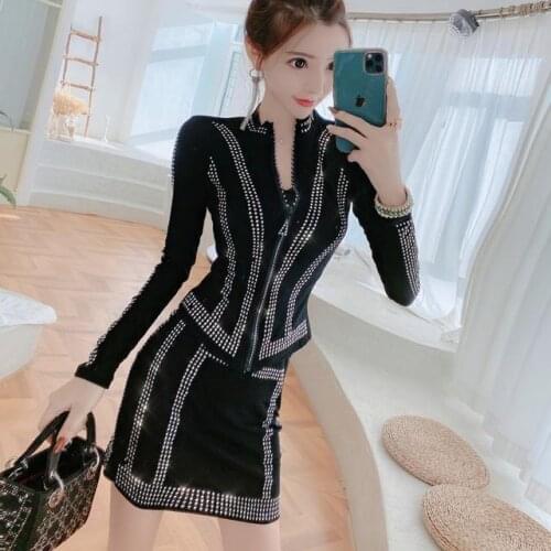 Women 2021 Spring Autumn Zipper Slim Fashion Two Piece Sets Female Long Sleeve Clubwear Bodycon Outfits Top And Skirt Set A553