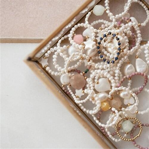 2021 Bohemian Handmade Natural Stone Freshwater Pearl Rings Women with Stainless Steel Bead Stretch Rope Wedding Ring Adjustable