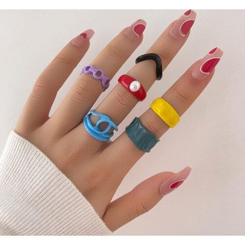 Sweet Colorful Pearl Geometric Rings for Women Fashion Trend Finger Rings Set Party Jewelry Gifts