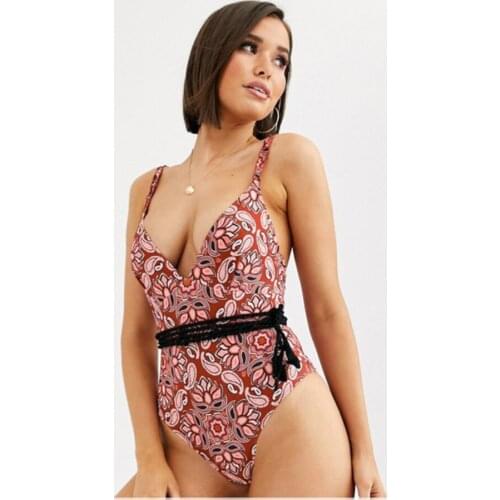 2020 Halter floral print Bikini One Piece Swimsuit Deep V-Neck Bathing Suit Women bikini String Sexy Bodysuits High Cut Swimwear