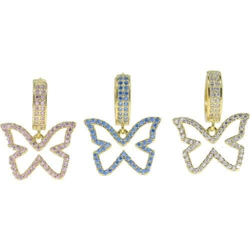 2021 New Design Colorful CZ Butterfly Gold Color Earring Micro Pave White Pink Blue CZ Butterfly Charm Cute Animal Girl Jewelry