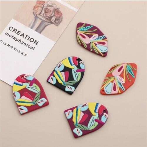 6PCS Imitation Soft Pottery Colored Special Shaped Flowers and Grass Embossed Acrylic Pendant DIY Handmade Jewelry Earring