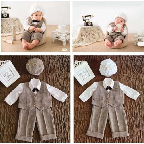 6Pcs/Set Newborn Photography Props Hat+Glasses+Bow Tie+Vest+Shirt+Pants Outfits Q1FE