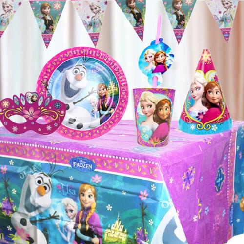 8 People Disney Elsa Princess Tableware Children Happy Birthday Kids Party Supplies Decor Tablecloth, Paper Towel Baby Shower