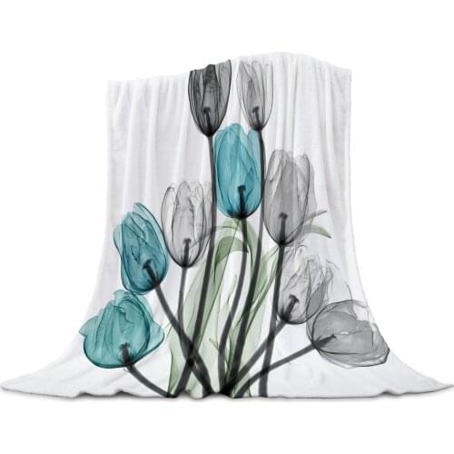 Turquoise Tulip Flower Throw Blanket for Sofa Christmas Decoration Bedspread Portable Microfiber Flannel Blanket
