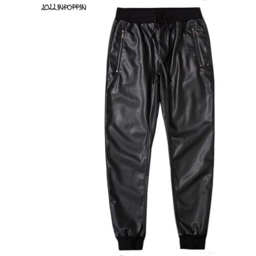 Side Zipper Men Black Faux Leather Jogger Pants High Street Zippered Pockets Elastic Waist Hip Hop Motorcycle PU Pants