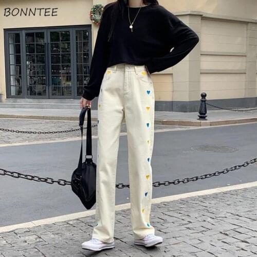 Jeans Women Straight Loose Love Heart Embroidery Casual High Waist Denim 2021 New Arrival Korean Style Pantalones Streetwear Ins
