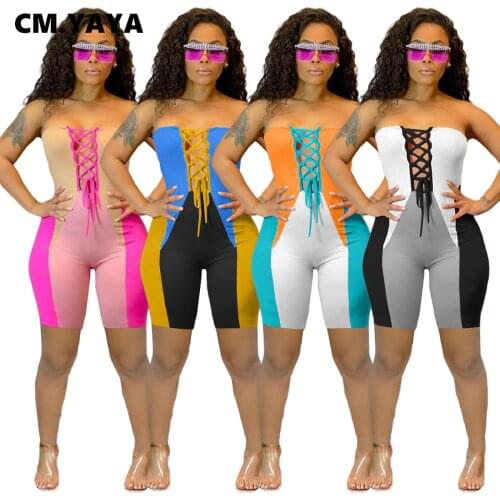 CM.YAYA Women Lace Up Patchwork Print Strapless Rompers Sexy Streetwear Active Knee Length Jumpsuit Beach Playsuit Outfiits