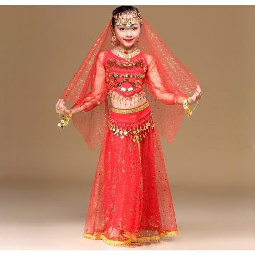 2018 Children Dancewear Belly Dance Costume Set Indian Dance Clothes Bollywood Outfits 4pcs (Top Belt Skirt Veil Headpiece)