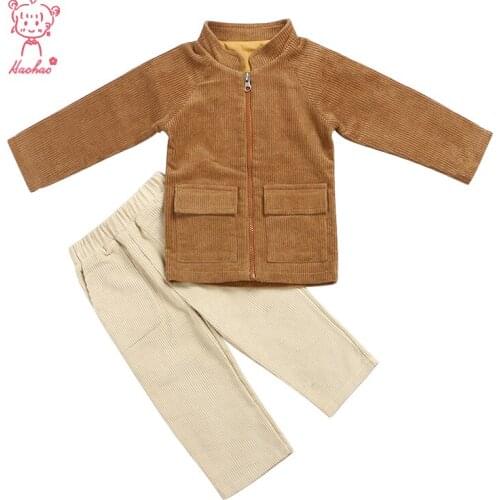 Kaiya Angle Winter Casual Kids Boys Two-piece Clothes Set Brown Zipper Jacket Coat + White Side Pockets Pleats Pants Cloth Suits