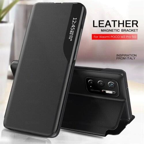 Leather smart side view window flip for poco m3 pro m3pro 5g 2021 case magnetic bracket book coque on little poko m 3 pro 6.5