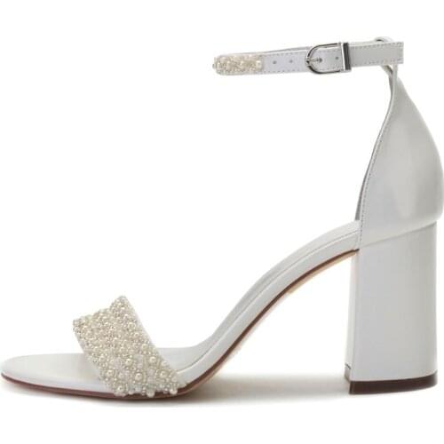 Sweet bridal wedding sandals chunky thick heels 8cm ankle strap with lace flower on heel girls birthday party prom dance shoes