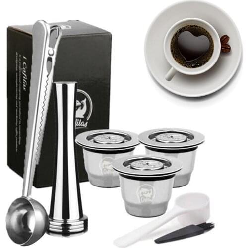Reusable Stainless Steel Coffee Filter Capsule Tamper Spoon Set for Nespresso Business Coffeeware Gift Coffee Capsule Tamper Set