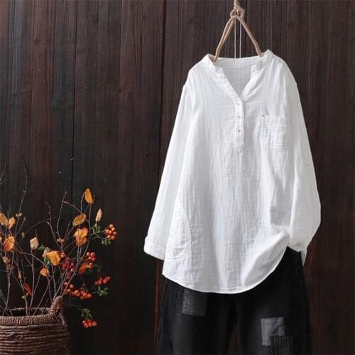 New Arrival Spring Autumn Arts Style Women Long Sleeve Loose V-neck Shirts All-matched Casual 100% Cotton Blouse Femme Tops S99