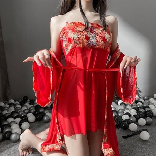 Japanese Sexy Slutty Clothes Red Kimono Robe for Women Girls Erotic Cosplay Maid Dress Stripper Outfit Dancewear Anime Lingerie