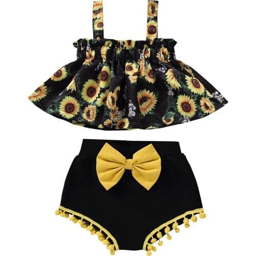 Girls 2Pcs Summer Clothes Set, Sunflower Printed Suspender Skirt Hem Tops with Bow Decoration Triangle Shorts