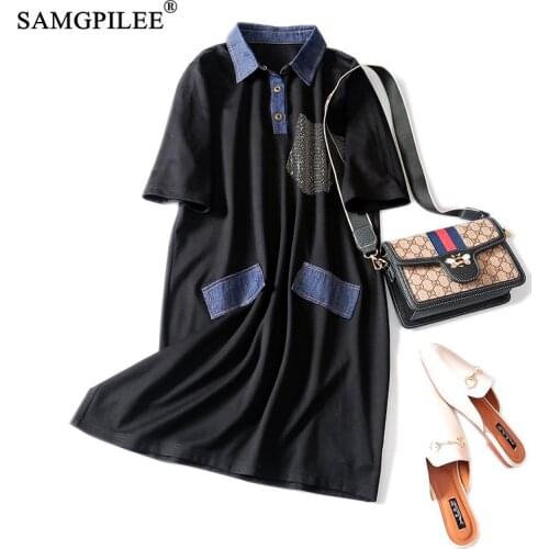 Black Dress Summer Clothes For Women 2020 Casual A-line Solid Short Pockets Midi Dress Turn-down Collar Women Summer Dress 3XL
