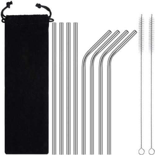 Stainless Steel 21.5cm Straight Bent Reusable Drinking Straws cleaning 200MM x 10MM brush Brushes black straw bag pouch